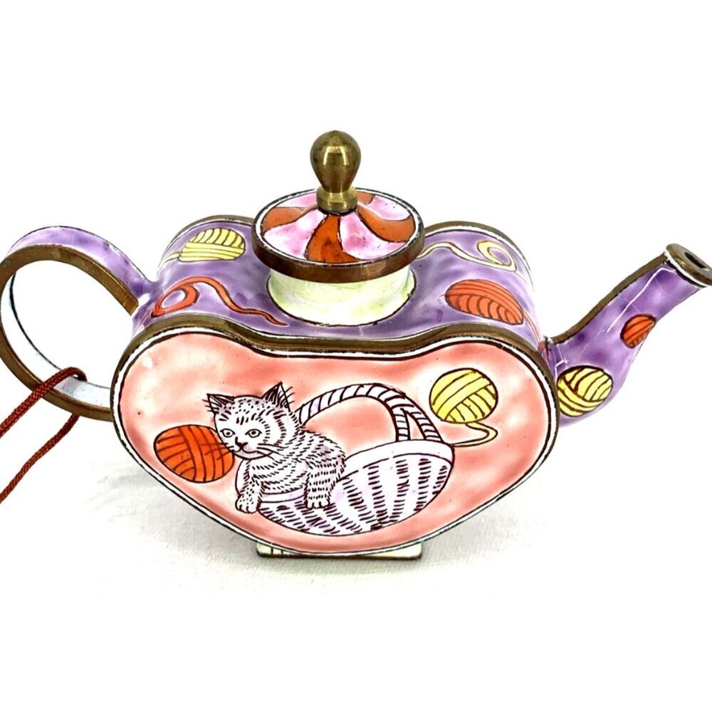 Kevin Chen Miniature Teapot Enamel Hand Painted Cats with Box - Picture 2 of 10
